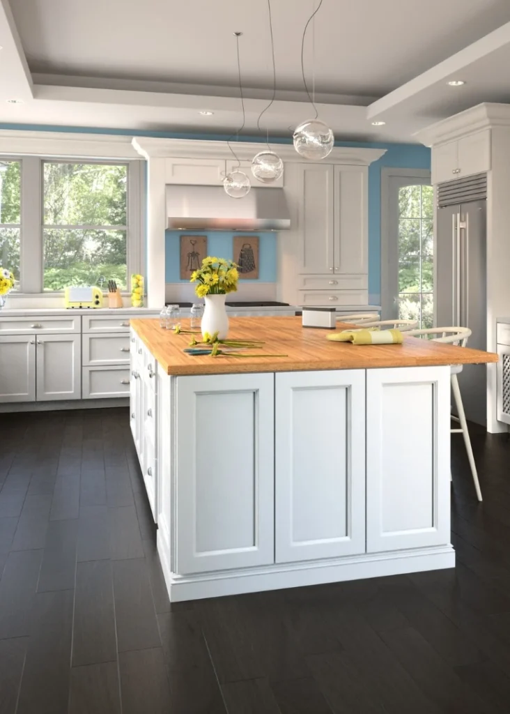 white kitchen cabinets with kitchen island featuring butcher block countertop